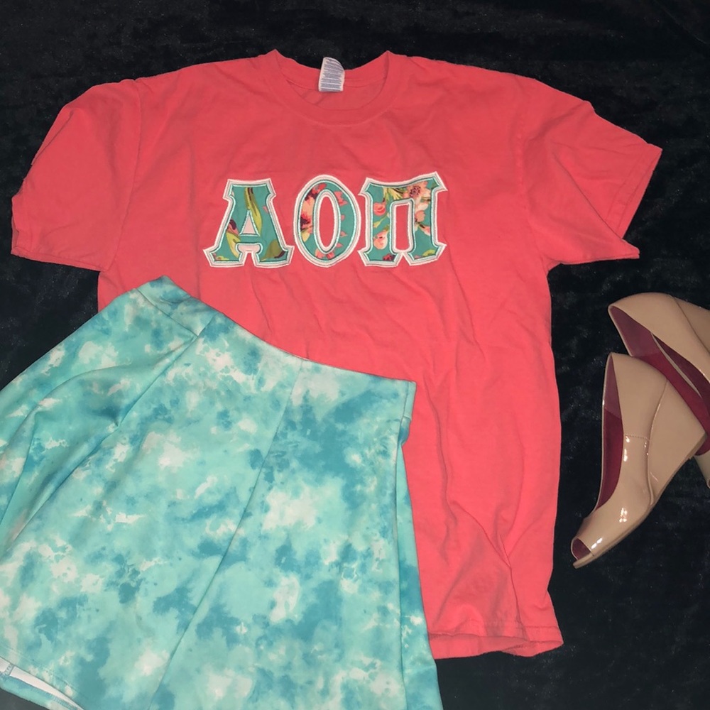 AOII peach and teal stitched letters